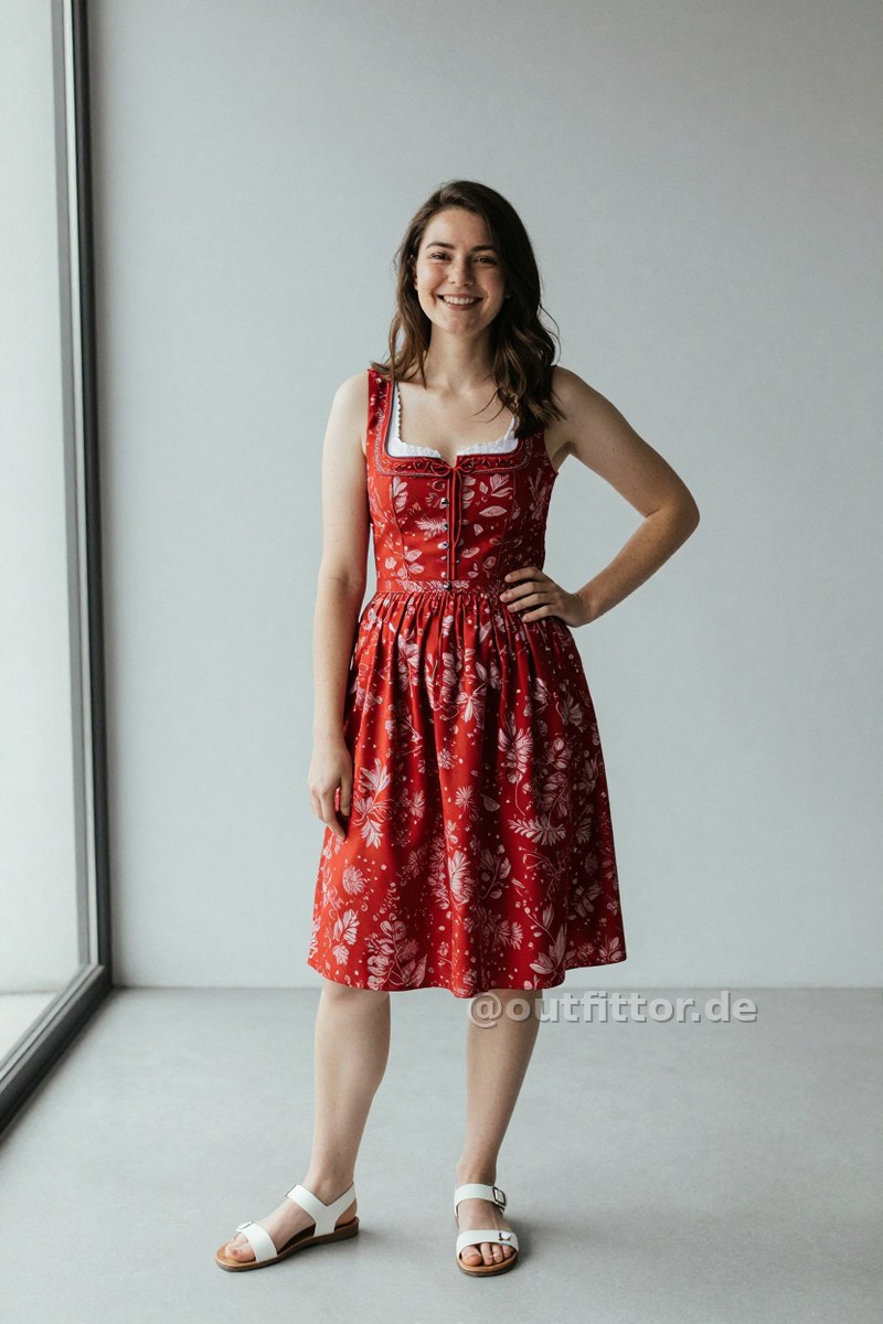White synthetic sandals and red dirndl dress with nature print pattern — Outfit #382