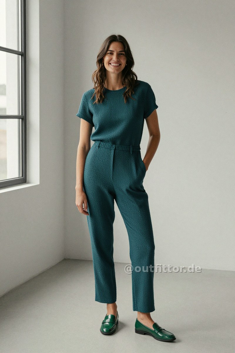 Petrol jumpsuit with waffle pattern and green patent loafers — Outfit #383