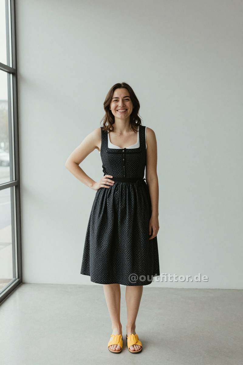 Yellow cotton sandals and black dirndl dress with geometric pattern — Outfit #481