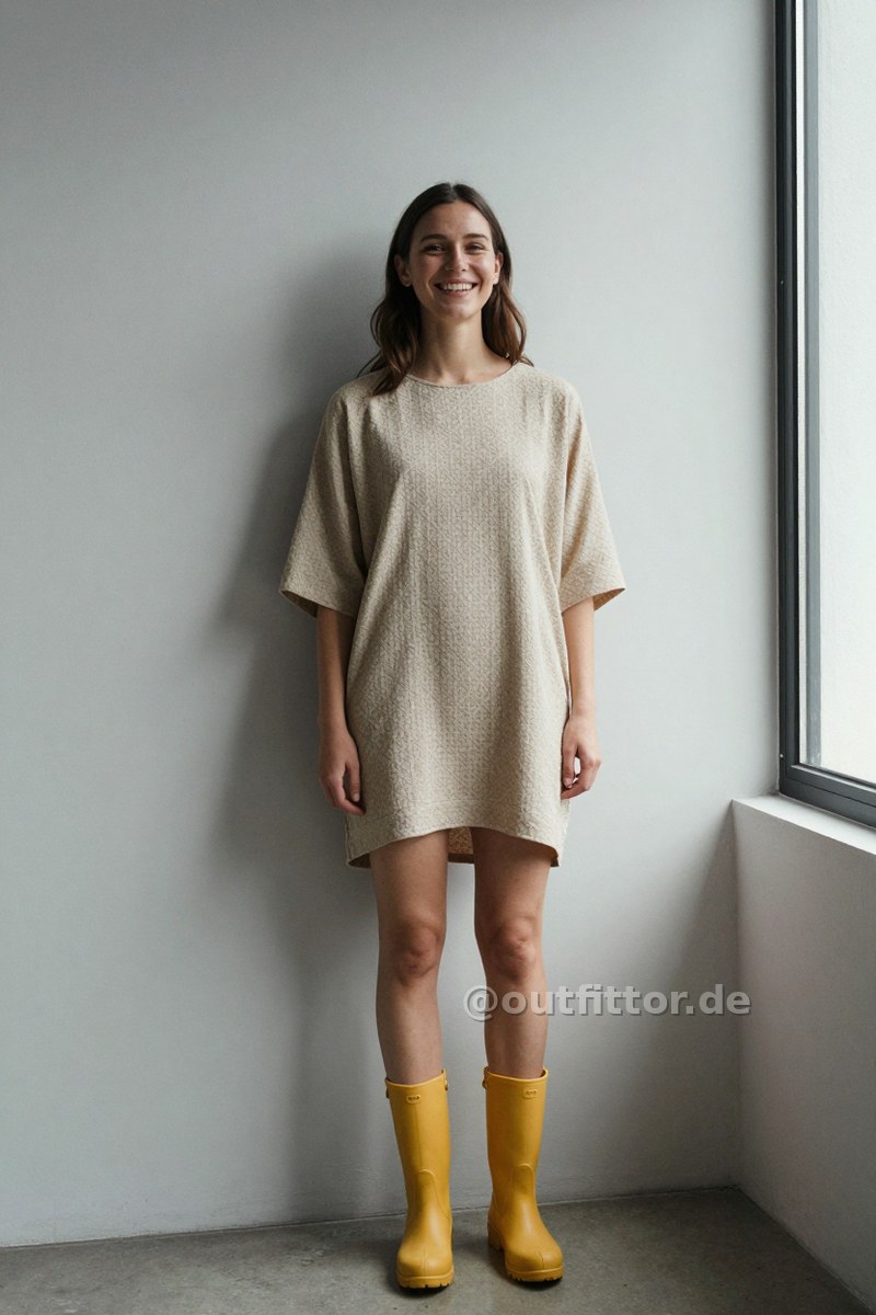 Yellow synthetic/rubber boots and beige tunic with jacquard pattern — Outfit #482