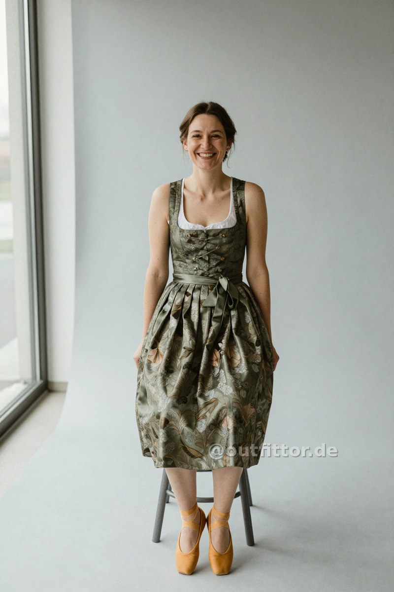 Olive dirndl dress with metallic pattern and yellow suede ballet flats — Outfit #483