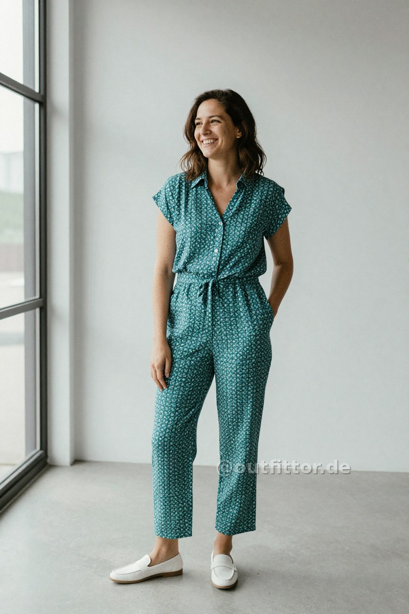 Petrol jumpsuit with geometric pattern and white canvas loafers — Outfit #484