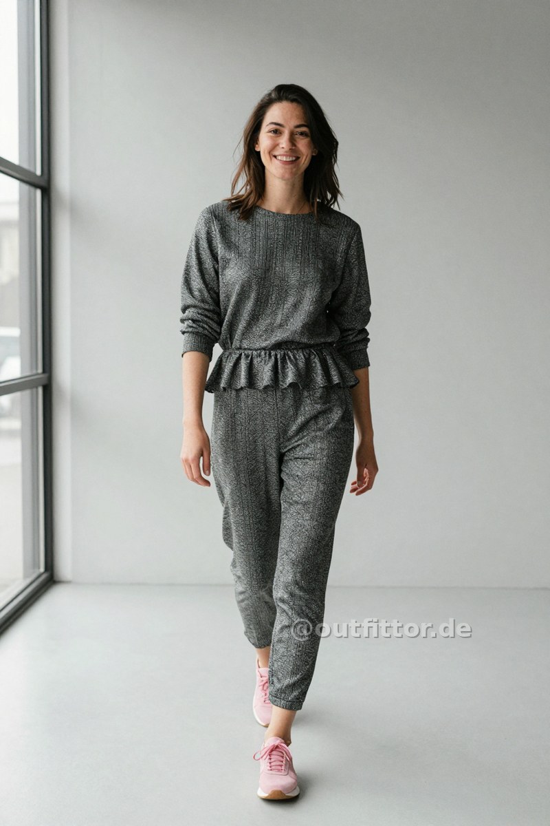 Pink synthetic fiber sneakers and grey jumpsuit with metallic pattern — Outfit #387