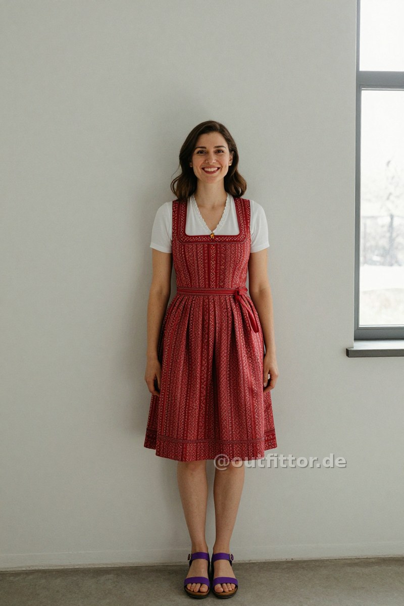 Lilac polyurethane sandals and red dirndl dress with ethnic pattern — Outfit #485