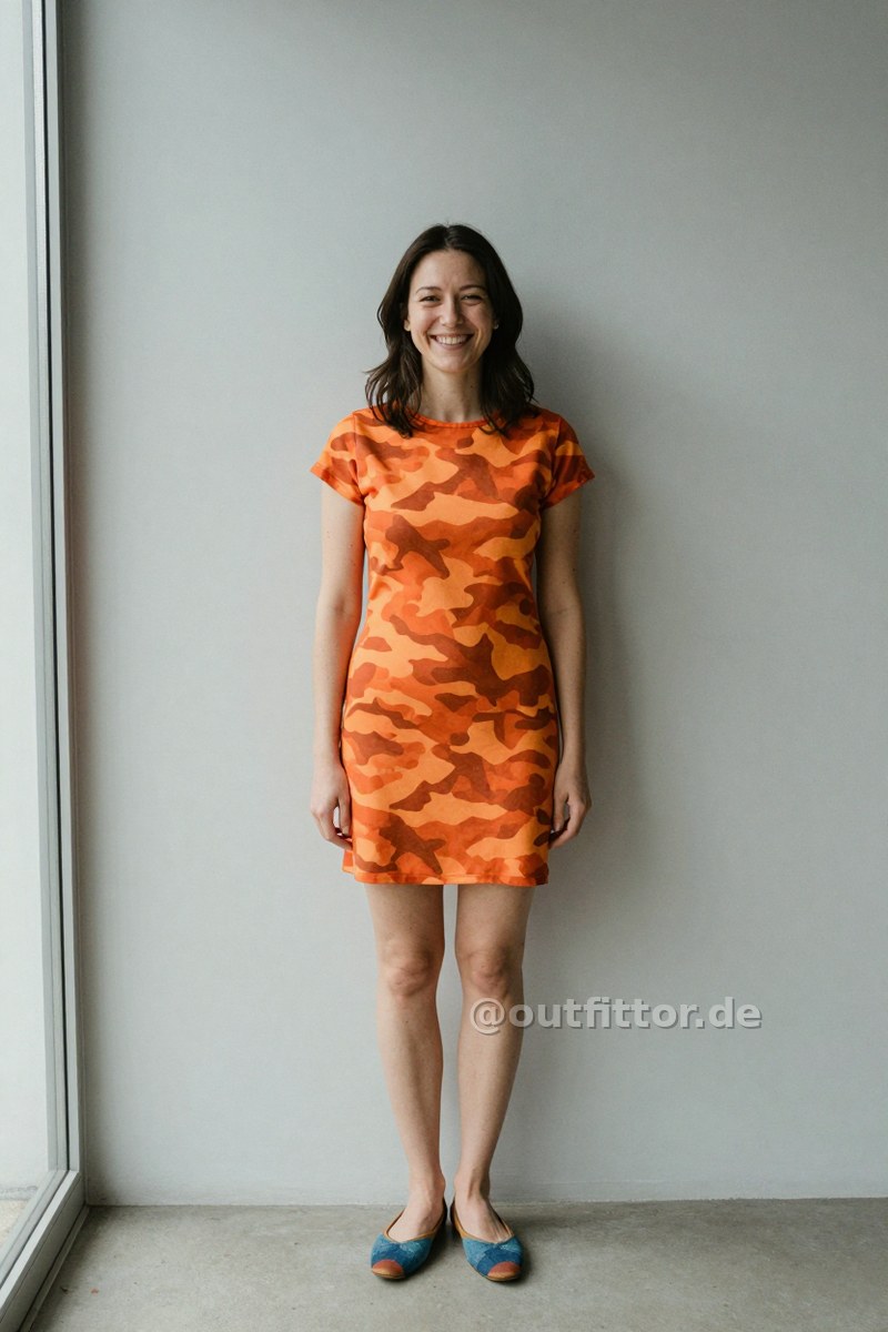 Orange dress with camouflage pattern and colorful denim ballet flats — Outfit #486