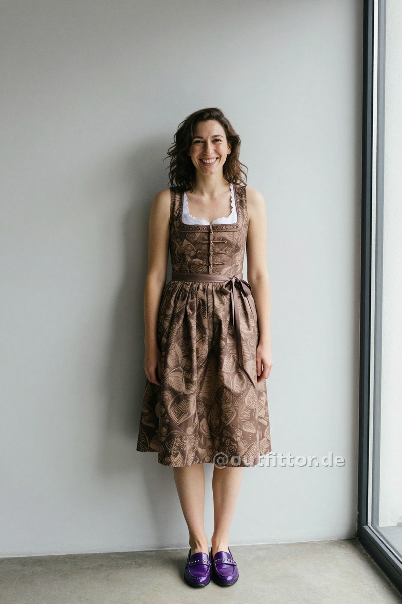 Bronze dirndl dress with graphic print pattern and lilac synthetic patent loafers — Outfit #389