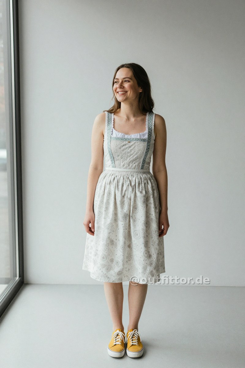 Yellow denim sneakers and white dirndl dress with batik pattern — Outfit #487