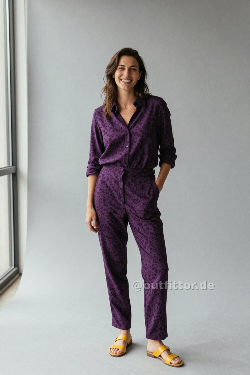 Yellow smooth leather sandals and lilac jumpsuit with tortoiseshell pattern — Outfit #390