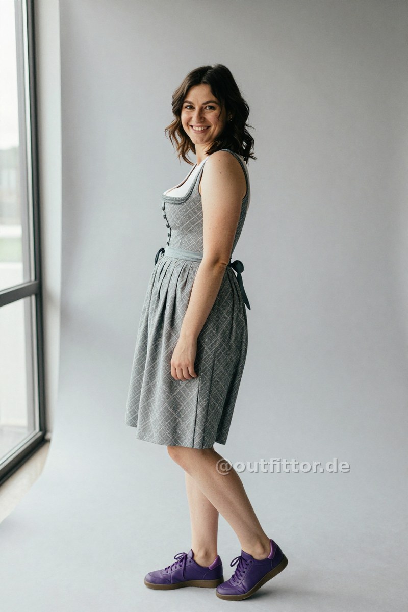 Lilac leather sneakers and grey dirndl dress with diamond pattern — Outfit #488