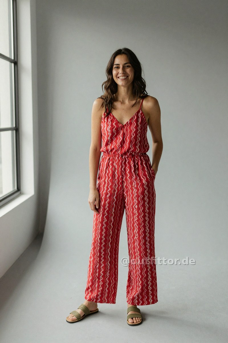 Olive straw/raffia sandals and red jumpsuit with wave pattern — Outfit #391