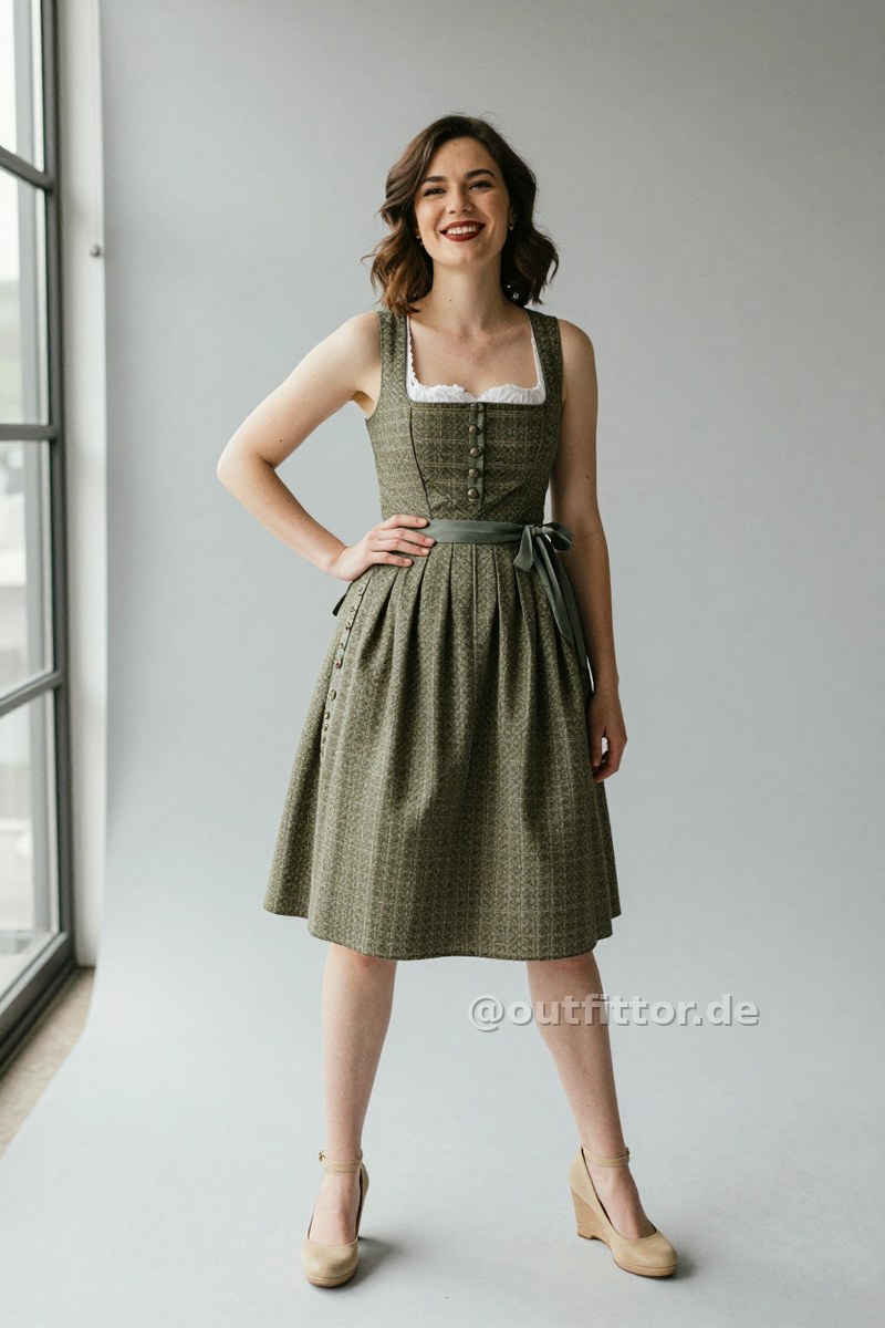 Olive dirndl dress with jacquard pattern and beige denim pumps — Outfit #392