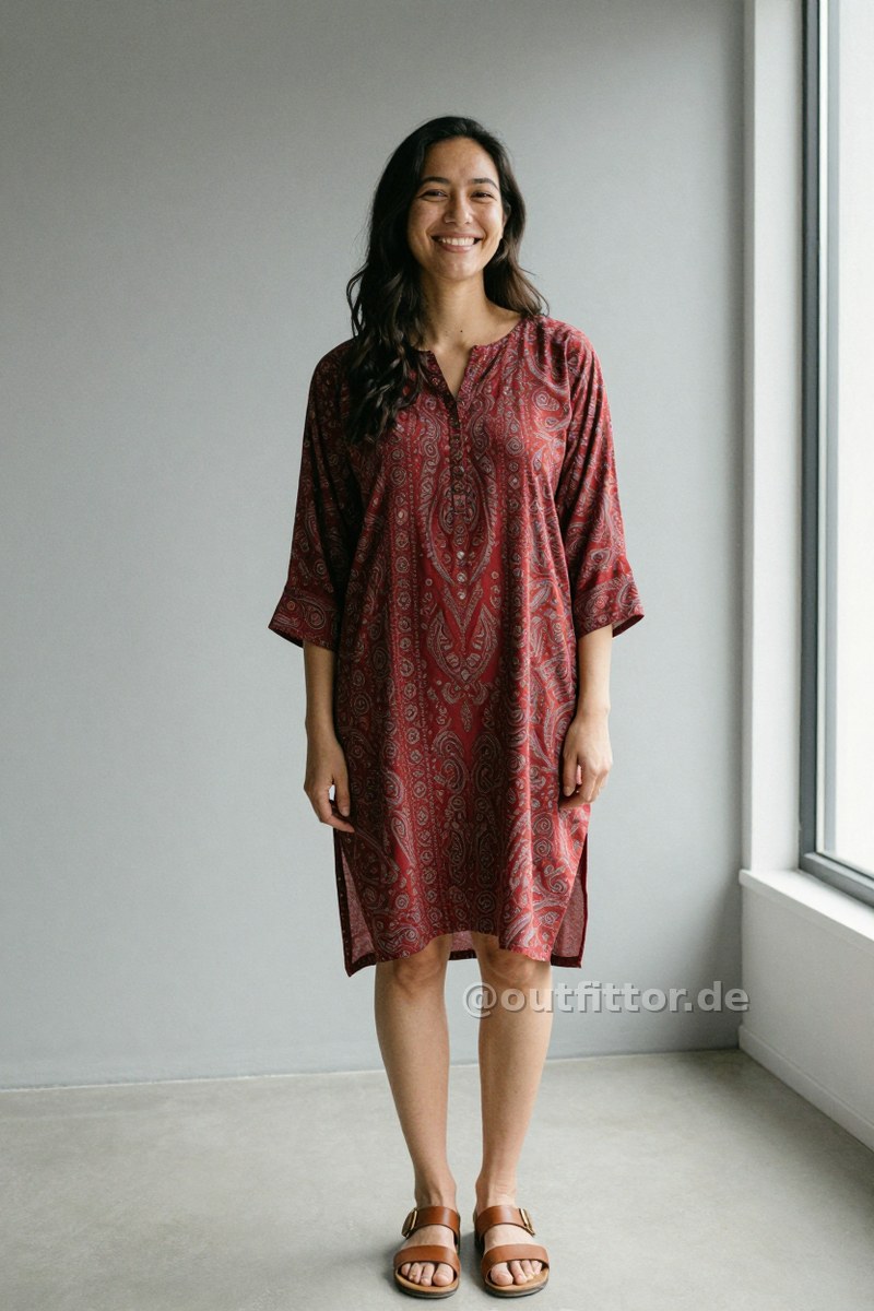 Brown nappa leather sandals and red tunic with paisley pattern — Outfit #395