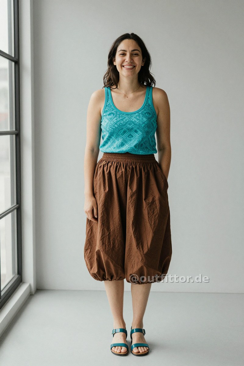 Turquoise tanktop with ornamental pattern, petrol patent sandals and brown knee-length skirts — Outfit #397