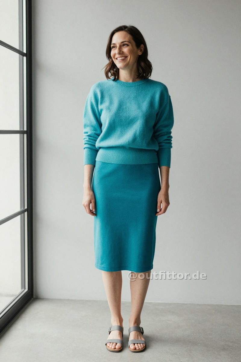 Grey synthetic sandals, turquoise sweater and turquoise knee-length skirts with color block pattern — Outfit #400
