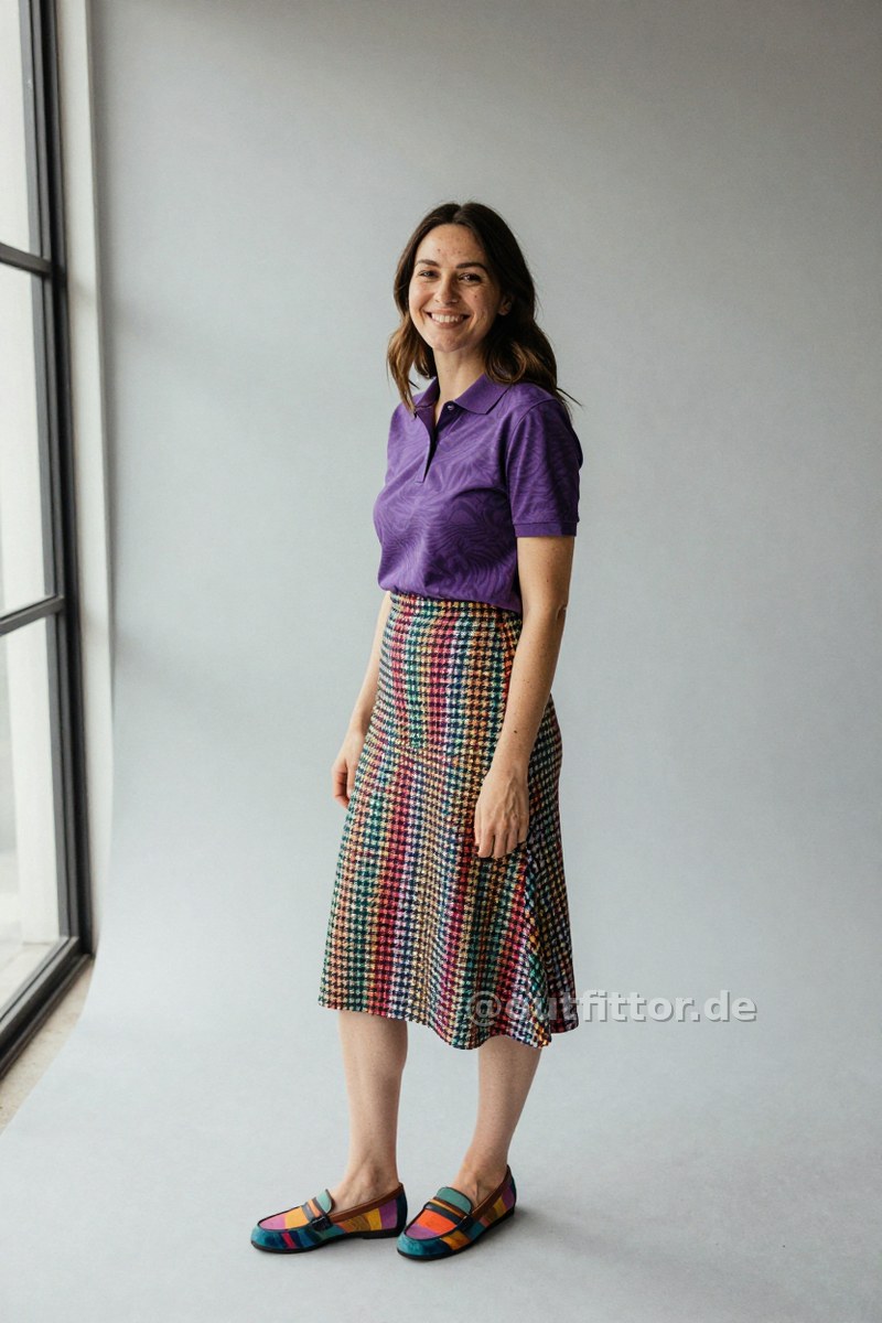 Colorful skirt with houndstooth pattern, lilac polo shirt with zebra print pattern and colorful synthetic loafers — Outfit #403