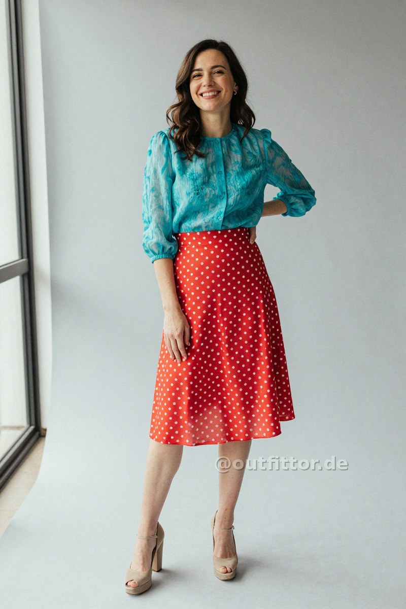 Beige suede high heels, turquoise blouse with transparent pattern and red knee-length skirts with circles pattern — Outfit #406