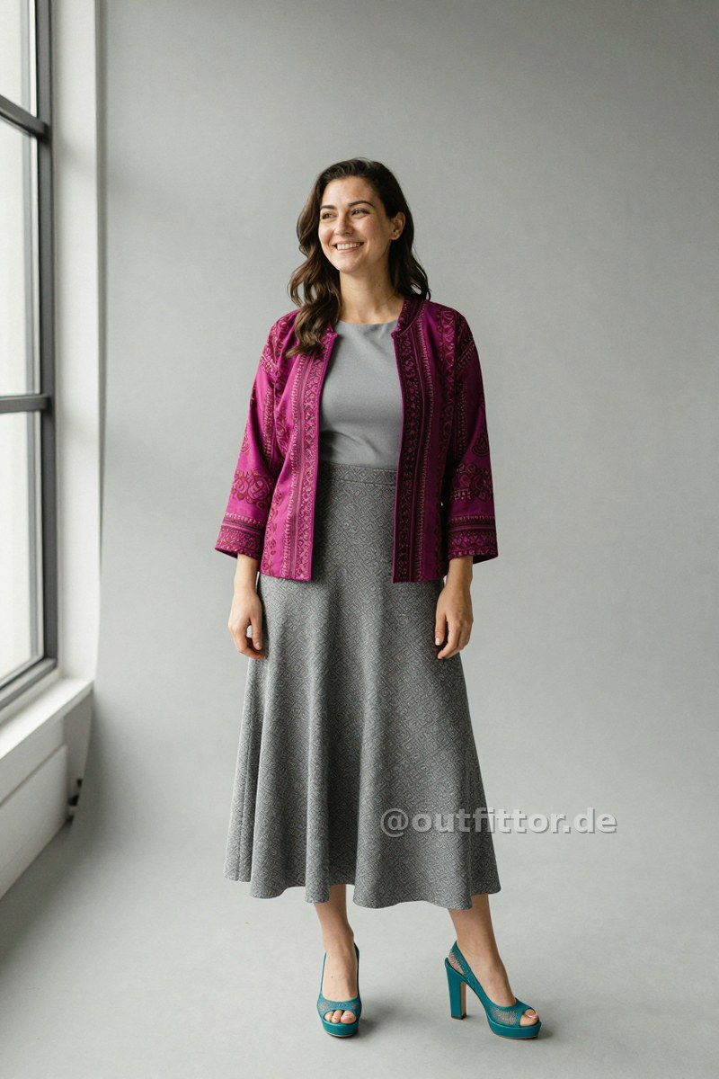 Magenta jacket with ethnic pattern, grey long skirts with intarsia pattern and petrol mesh pumps — Outfit #418
