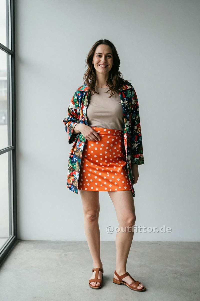 Brown mesh sandals, colorful coat with christmas print pattern and orange mini skirts with circles pattern — Outfit #421