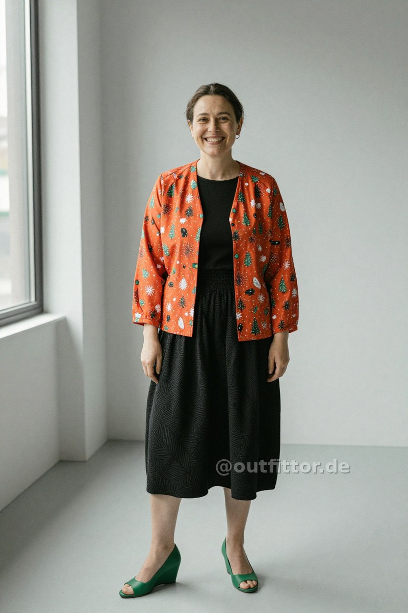 Orange jacket with christmas print pattern, black skirt with intarsia pattern and green neoprene pumps — Outfit #422