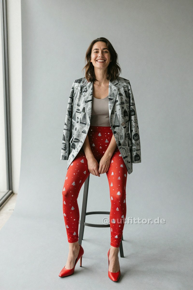 Silver jacket with graphic print pattern, red polyurethane high heels and red leggins with christmas print pattern — Outfit #424
