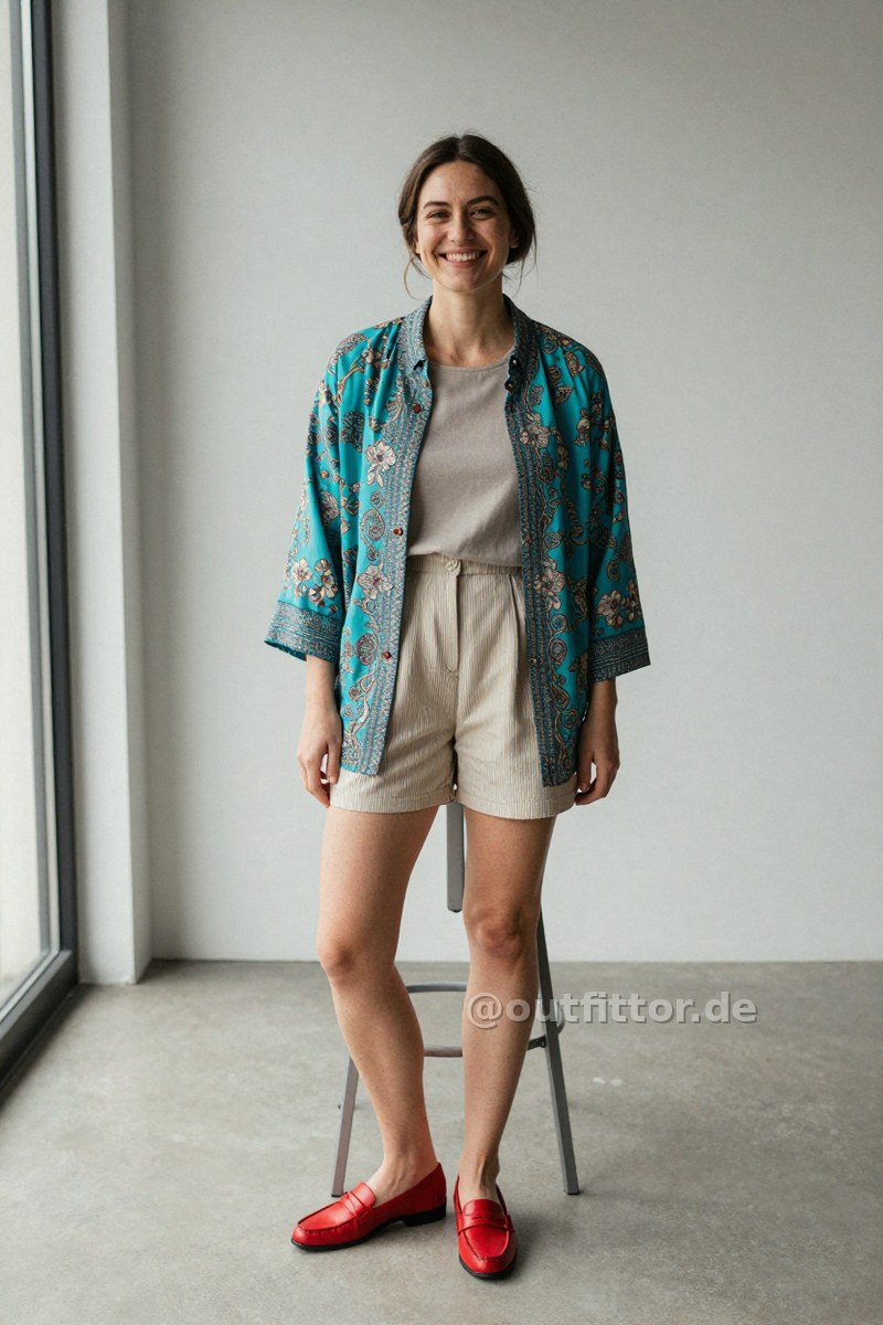 Turquoise jacket with oriental pattern, beige shorts with pinstripe pattern and red faux leather loafers — Outfit #425