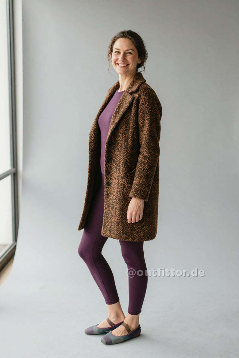 Brown coat with tortoiseshell pattern, lilac leggins with color block pattern and colorful rubber ballet flats — Outfit #426
