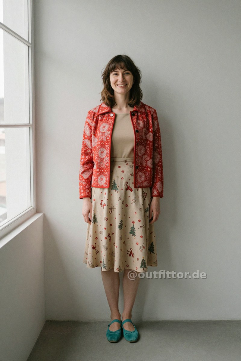 Red jacket with graphic print pattern, beige skirt with christmas print pattern and petrol suede ballet flats — Outfit #441