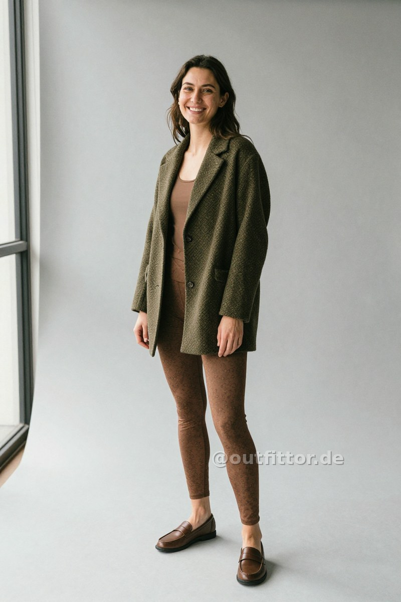 Olive jacket with jacquard pattern, bronze leggins with print pattern and bronze faux leather loafers — Outfit #442