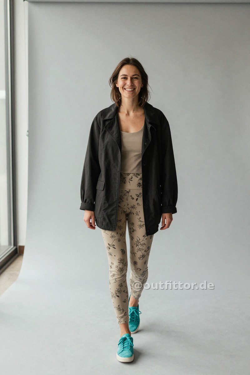 Black jacket with color block pattern, turquoise lambskin sneakers and beige leggins with floral pattern — Outfit #444