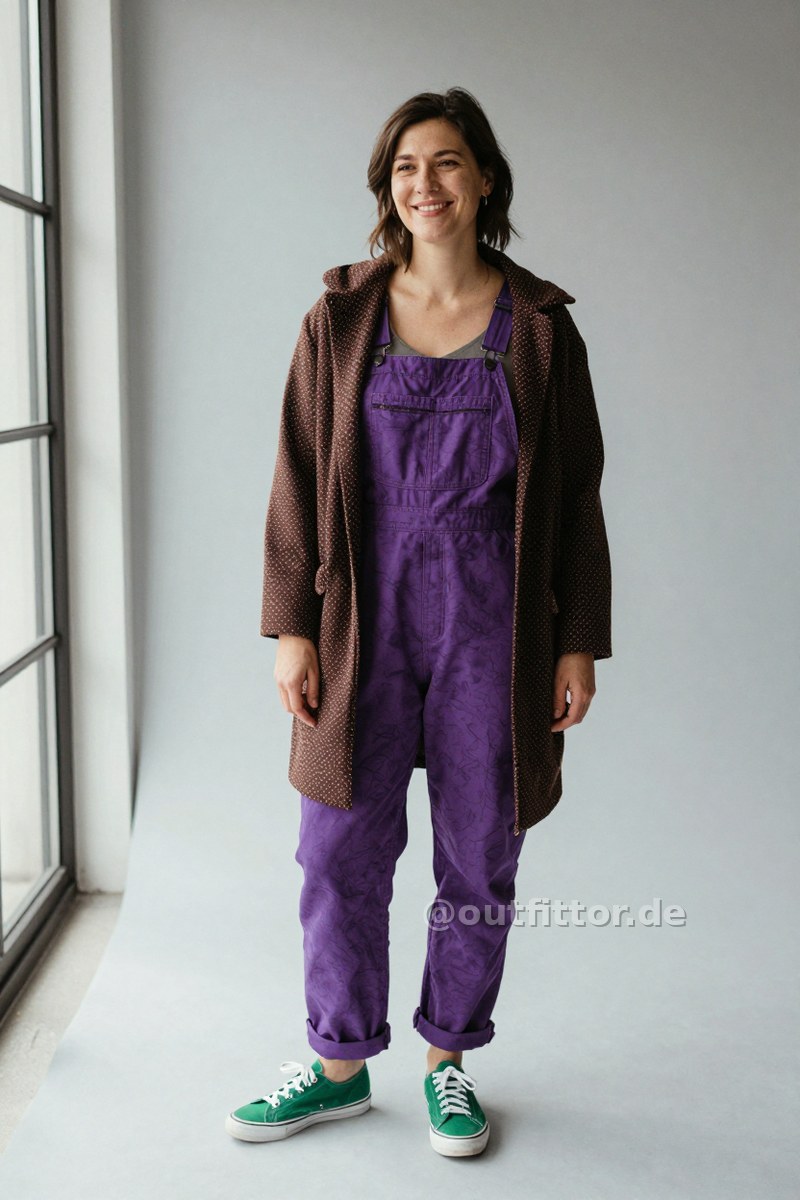 Green canvas sneakers, brown coat with polka dot pattern and lilac overalls with marbled pattern — Outfit #445