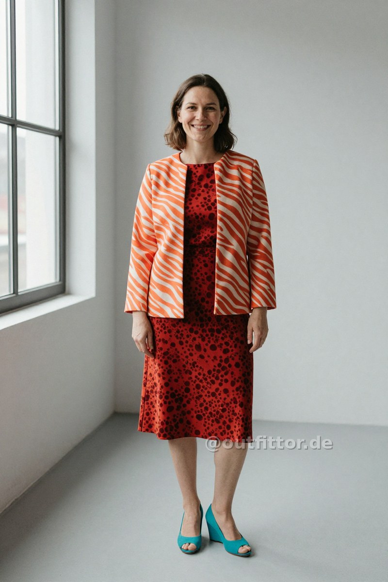 Orange jacket with zebra print pattern, red knee-length skirts with tortoiseshell pattern and turquoise canvas pumps — Outfit #446
