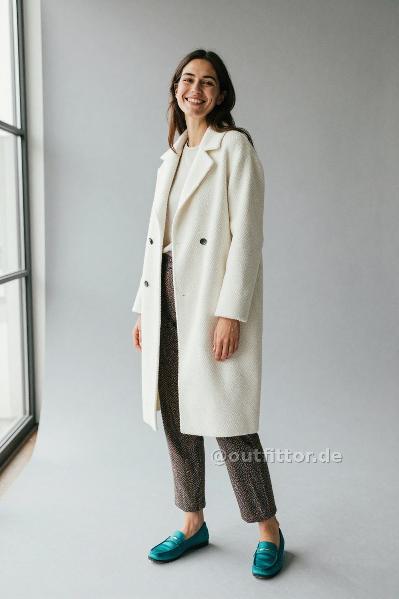 Colorful trousers with herringbone pattern, white coat with wave pattern and petrol satin loafers — Outfit #448