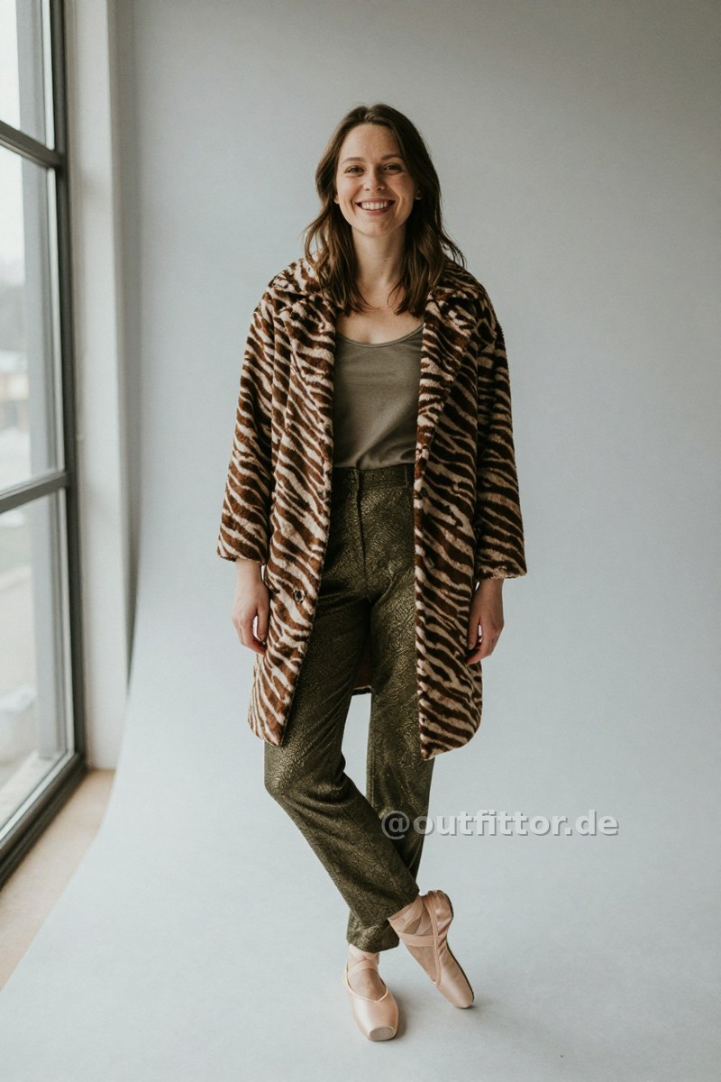 Olive trousers with metallic pattern, bronze coat with zebra print pattern and pink leather ballet flats — Outfit #449