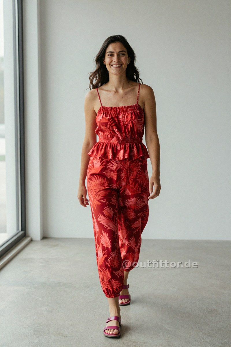 Magenta patent sandals and red jumpsuit with nature print pattern — Outfit #451