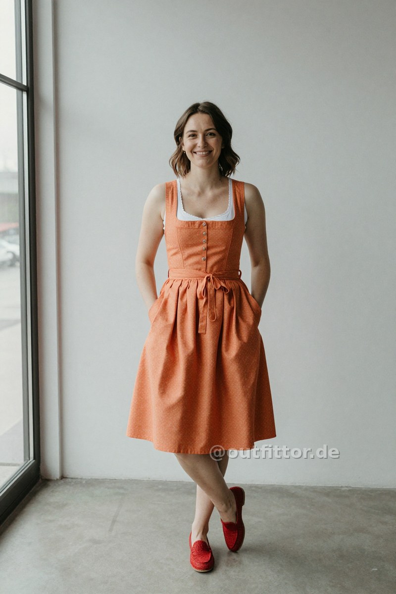 Orange dirndl dress and red straw/raffia loafers — Outfit #452