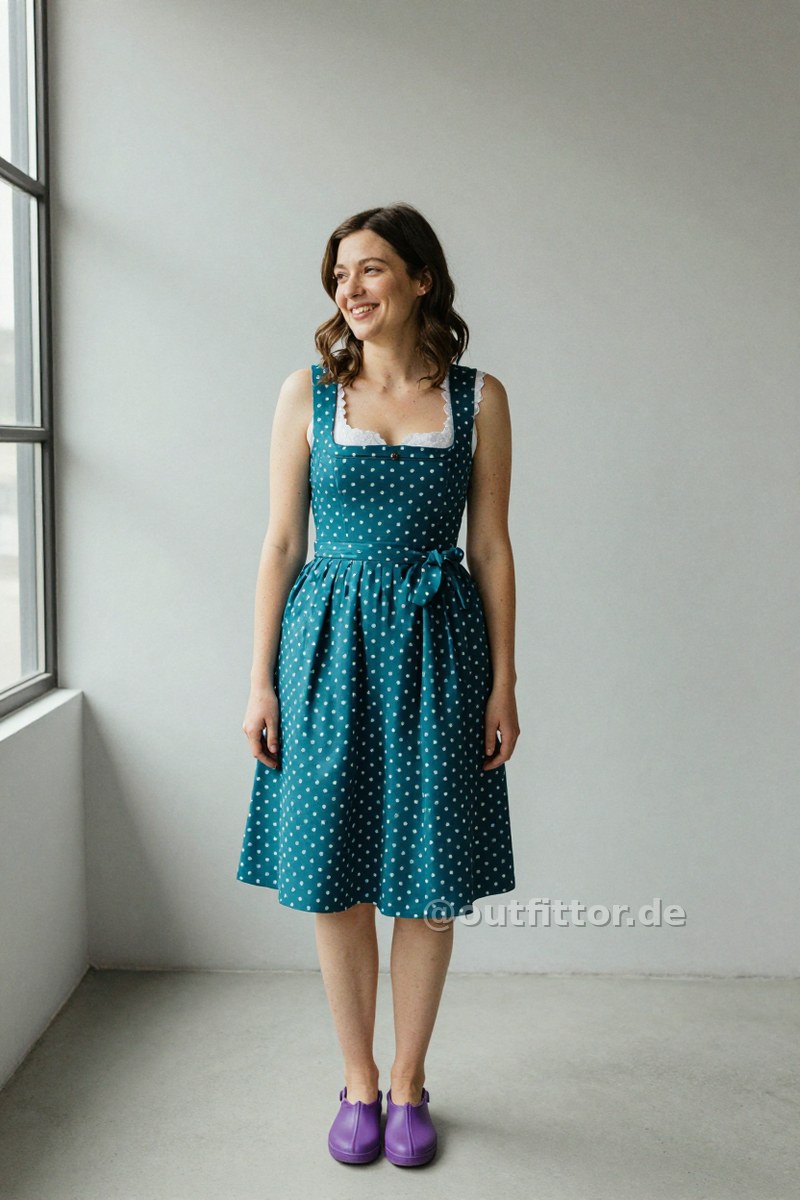 Lilac rubber shoes and petrol dirndl dress with polka dot pattern — Outfit #453