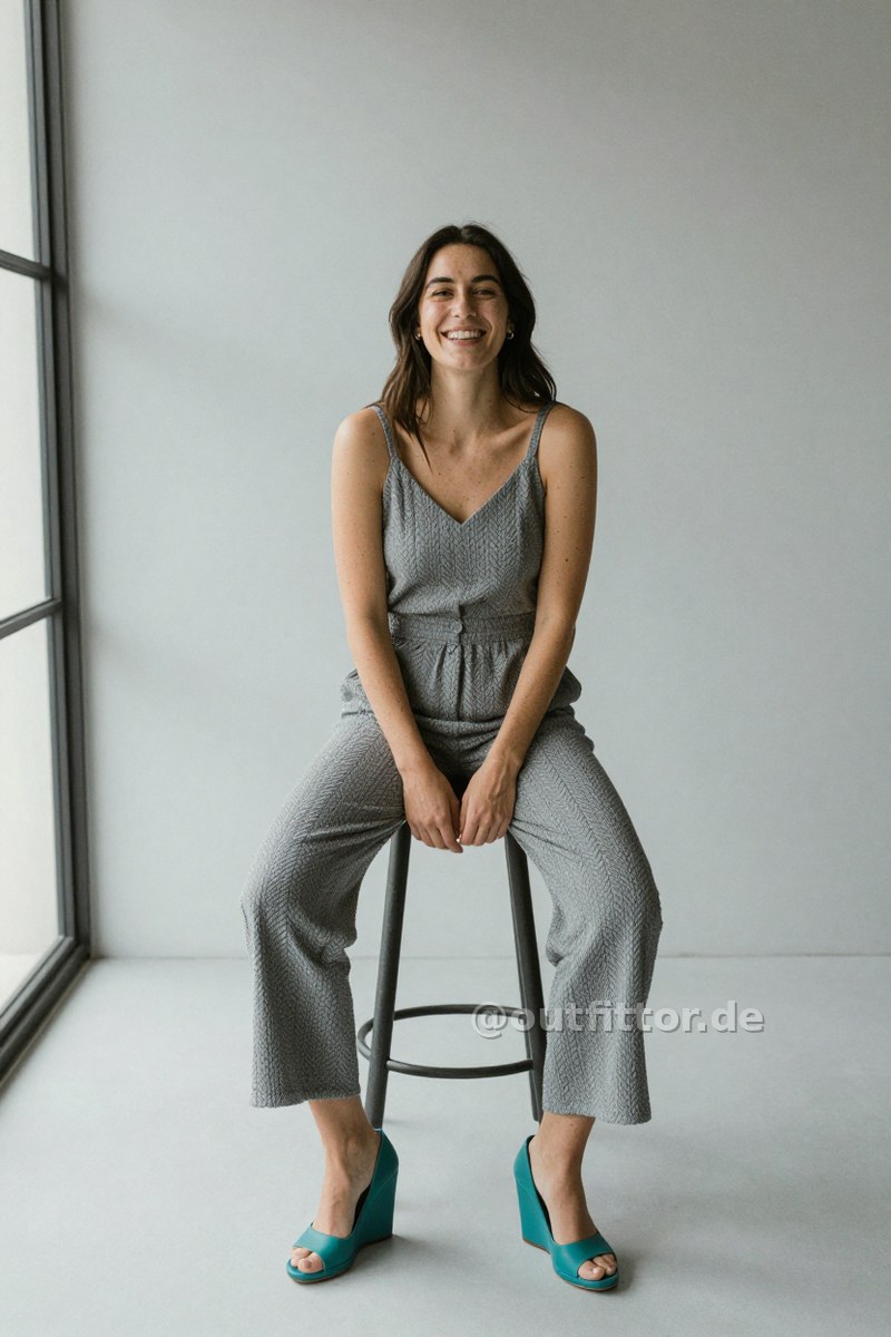 Petrol rubber high heels and grey jumpsuit with braided pattern — Outfit #454