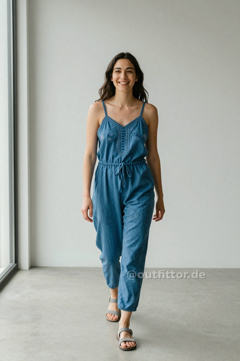Grey neoprene sandals and blue jumpsuit with embroidered pattern — Outfit #455