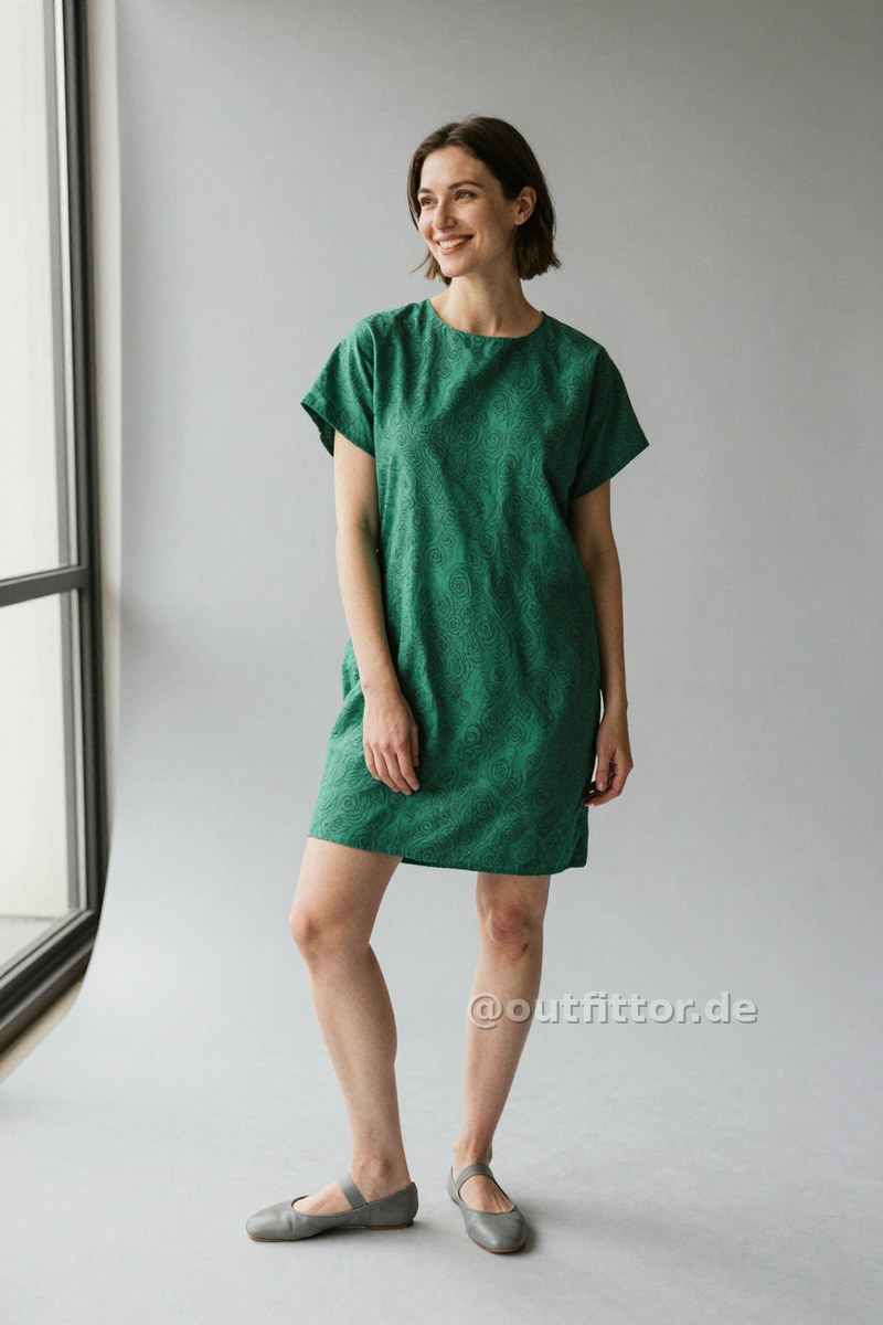 Green tunic with jacquard pattern and grey smooth leather ballet flats — Outfit #456