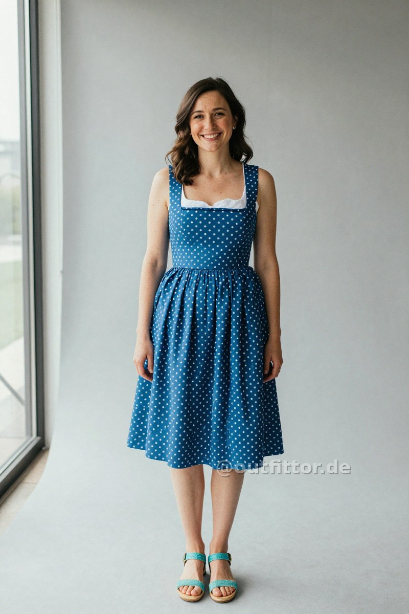 Turquoise straw/raffia sandals and blue dirndl dress with polka dot pattern — Outfit #460