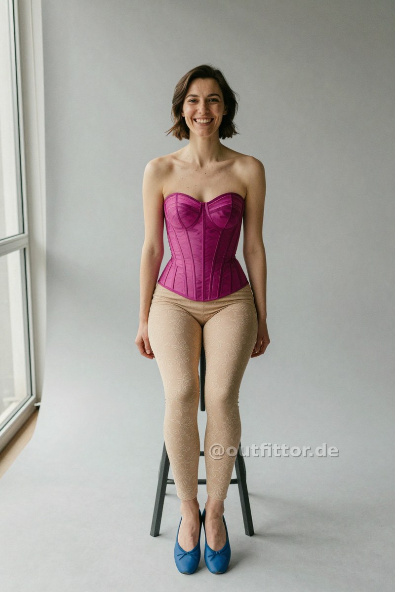 Beige leggins with embroidered pattern, magenta bustier with wave pattern and blue synthetic/rubber ballet flats — Outfit #463