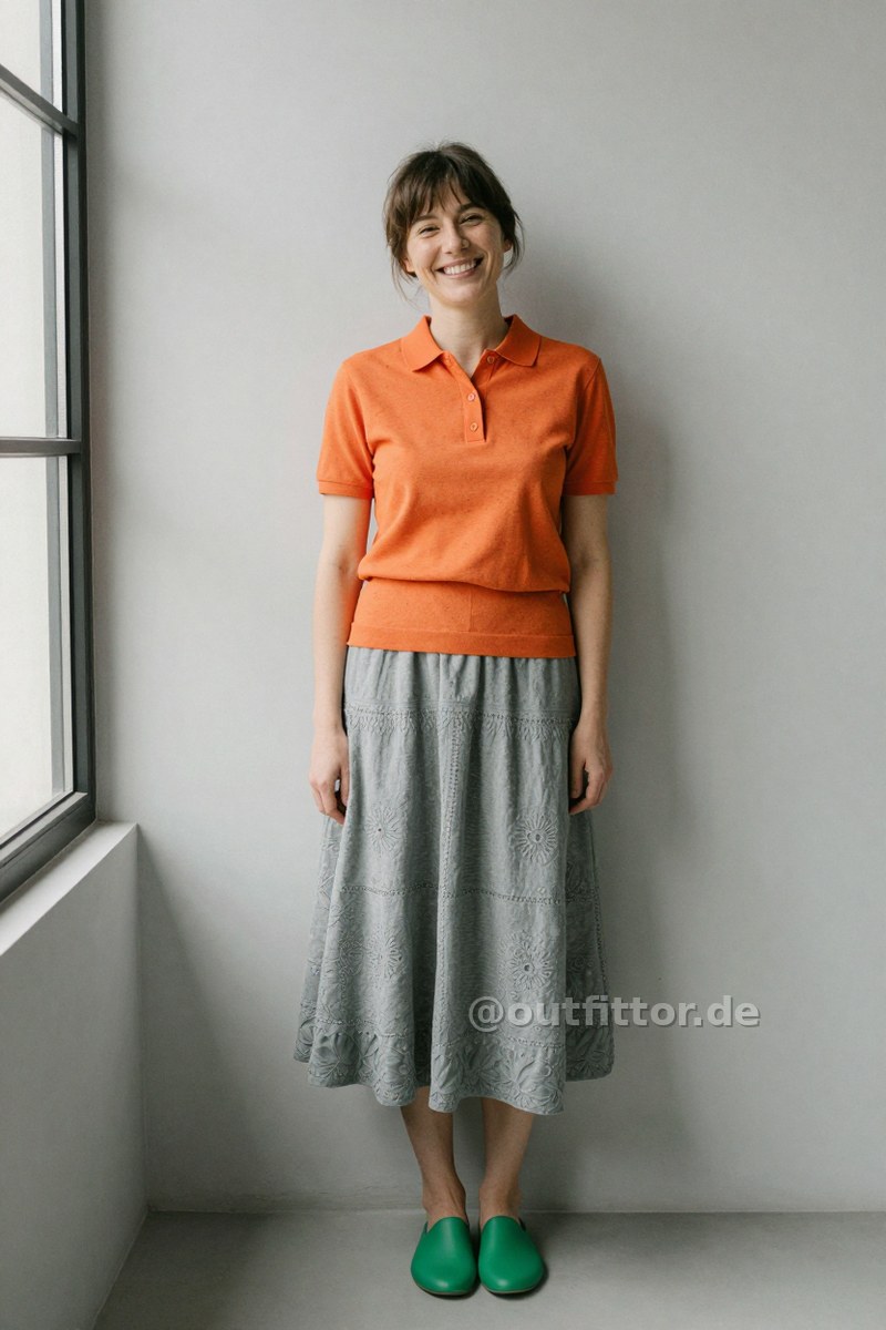 Orange polo shirt with heather pattern, green neoprene shoes and grey long skirts with embroidered pattern — Outfit #464