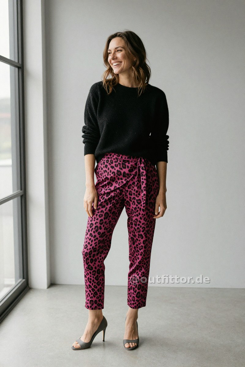 Magenta trousers with leopard print pattern, black sweater with paisley pattern and grey synthetic/rubber pumps — Outfit #467
