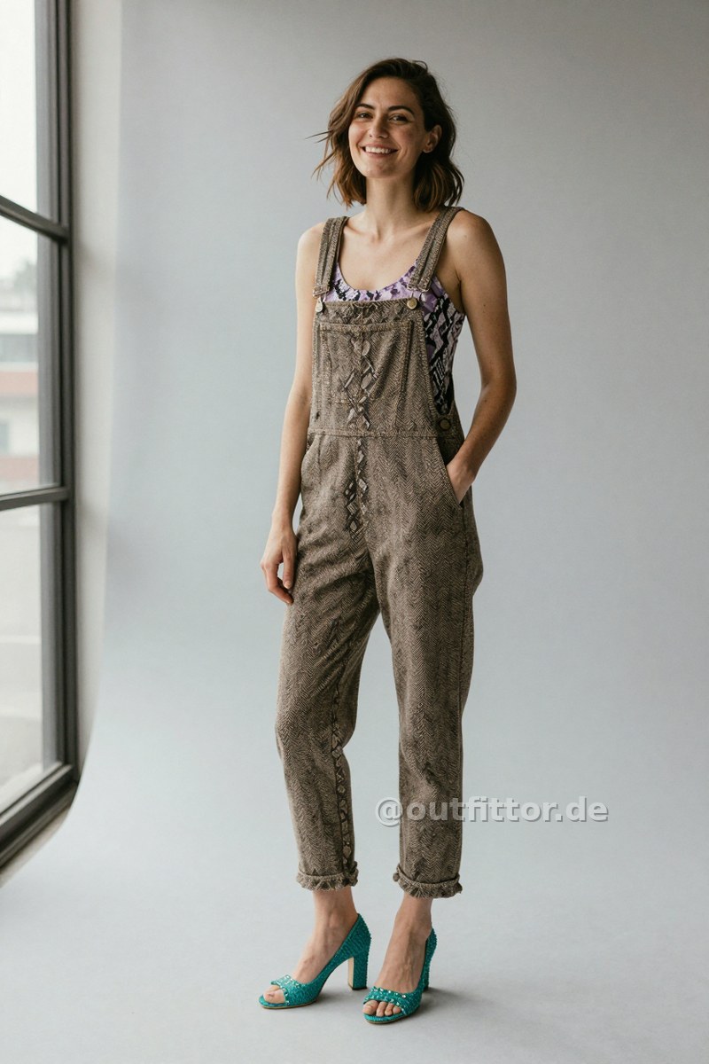 Lilac tanktop with snake print pattern, brown overalls with herringbone pattern and petrol straw/raffia pumps — Outfit #468