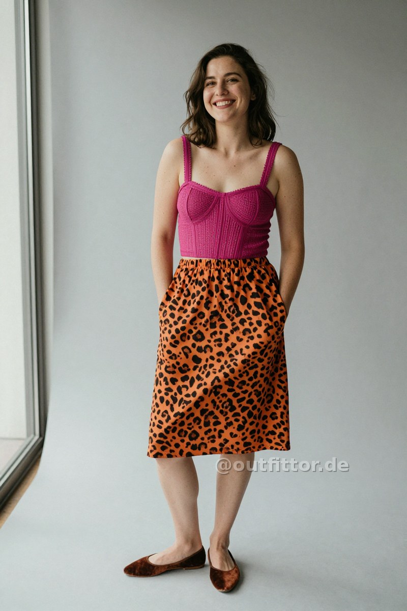 Magenta bustier with holes pattern, orange knee-length skirts with animal print pattern and brown velvet ballet flats — Outfit #469