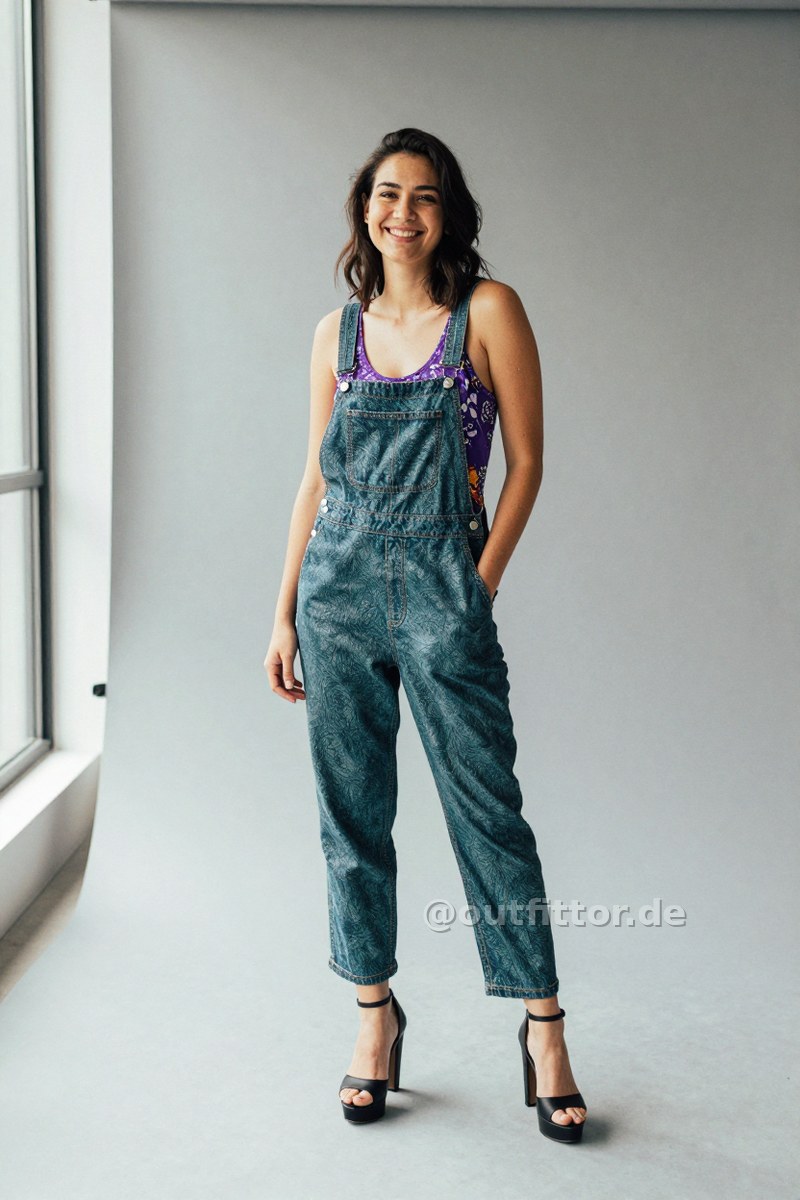 Lilac tanktop with batik pattern, black synthetic high heels and petrol overalls with metallic pattern — Outfit #470
