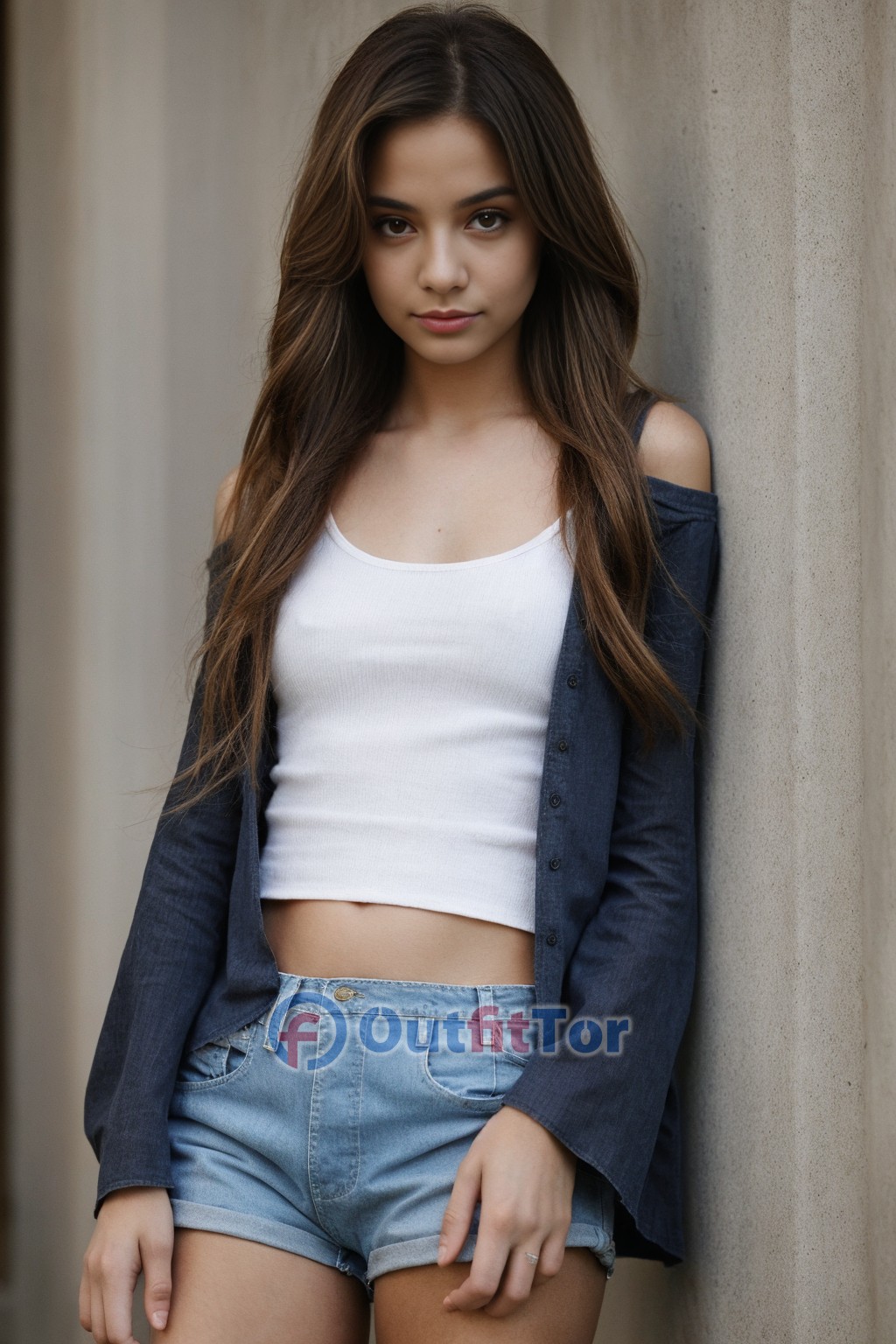 White cotton shirt, blue cotton vest and blue denim shorts — Outfit #57